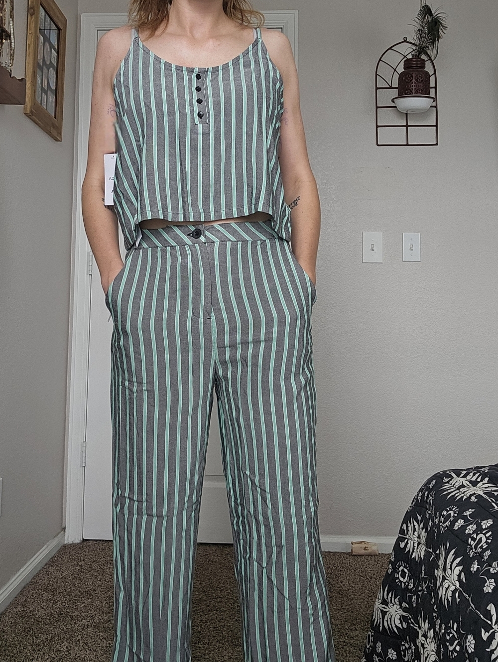 RVCA Mint and Gray Striped Wide-Leg Set